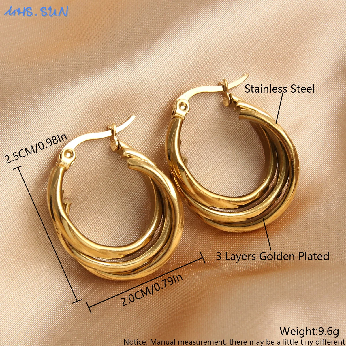 MHS.SUN Stainless Steel Multilayer Three-layers Hoop Earrings For Women Gold Plated Geometric Splicing Twisted Piercing Jewelry