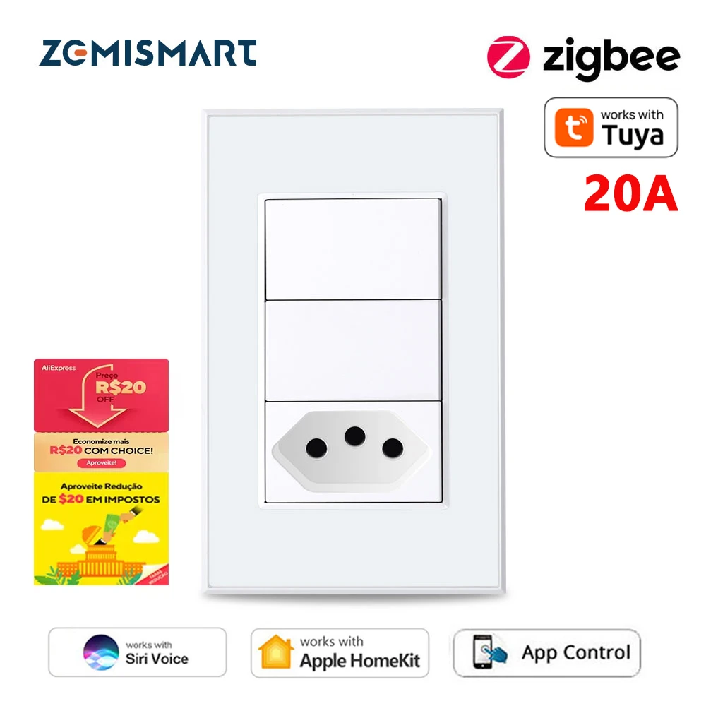 Zemismart Zigbee 20A Smart Brazil Socket with Light Switch Homekit Wall Push Button Switch Work with Tuya Alexa Google Home