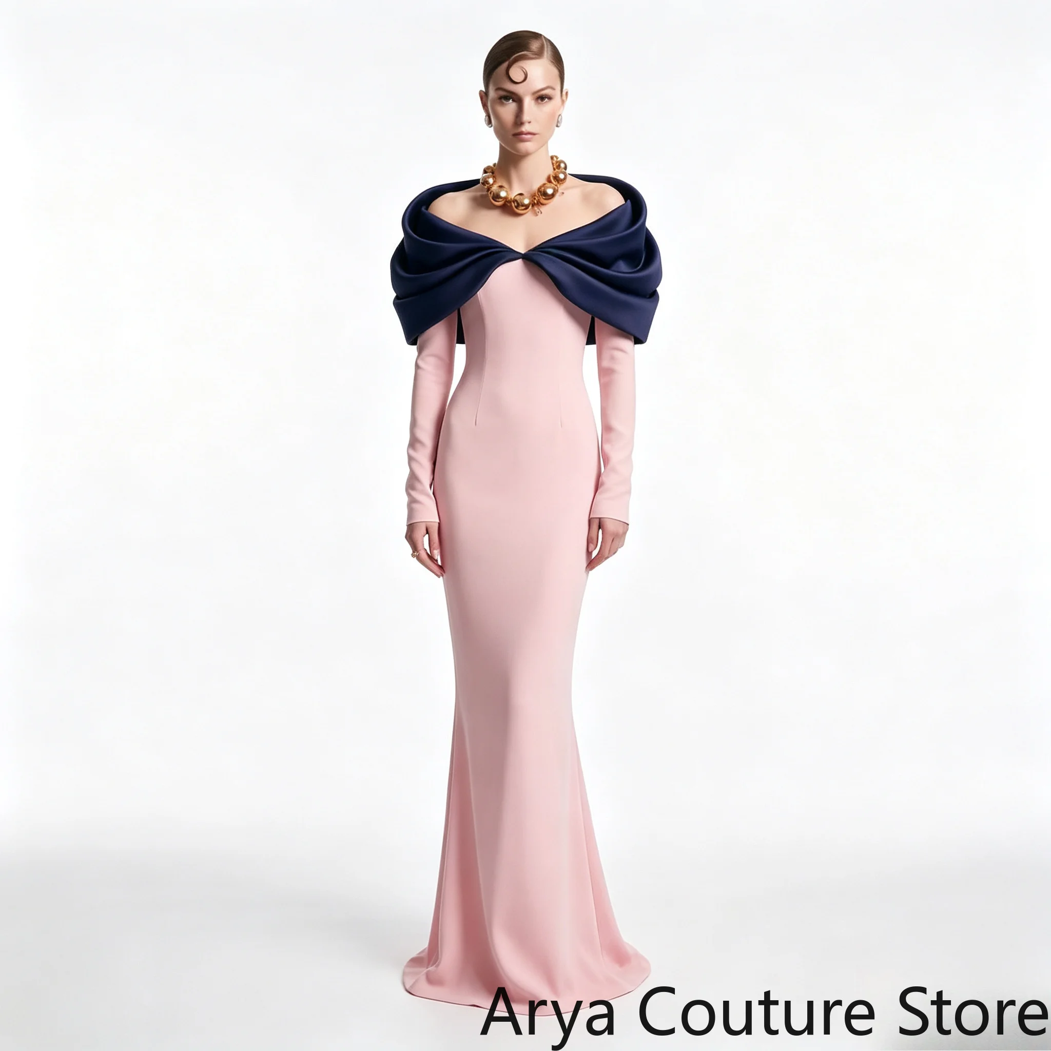 Long Sleeve Fitted Mermaid Prom Dress Contrast Navy Blue Draped Shawl Cape Collar Bodycon Floor Length Skirt Formal Evening Gown