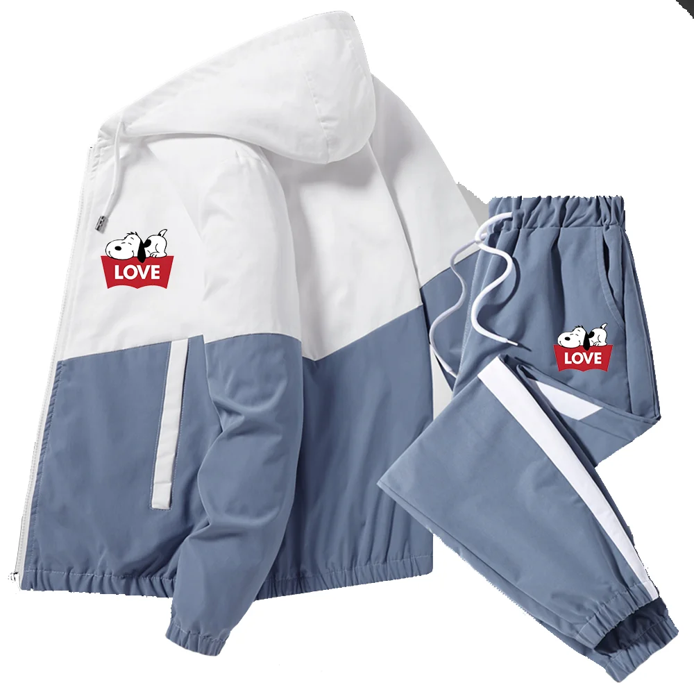 Snoopy Primavera e autunno Nuovo che è tuta sportiva Pantaloni larghi con coulisse in tinta unita Giacca casual con cerniera a righe girocollo