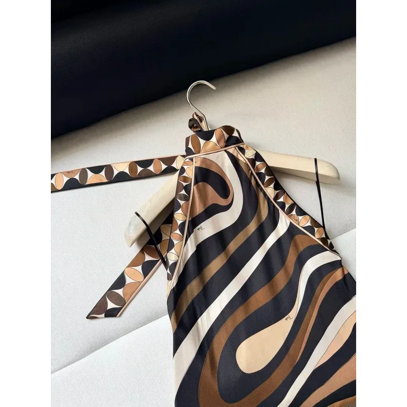 2026 Women Hanging Neck Brown Vortex Pattern Wrapped Irregular Hem Sex 100% Silk Long Dress