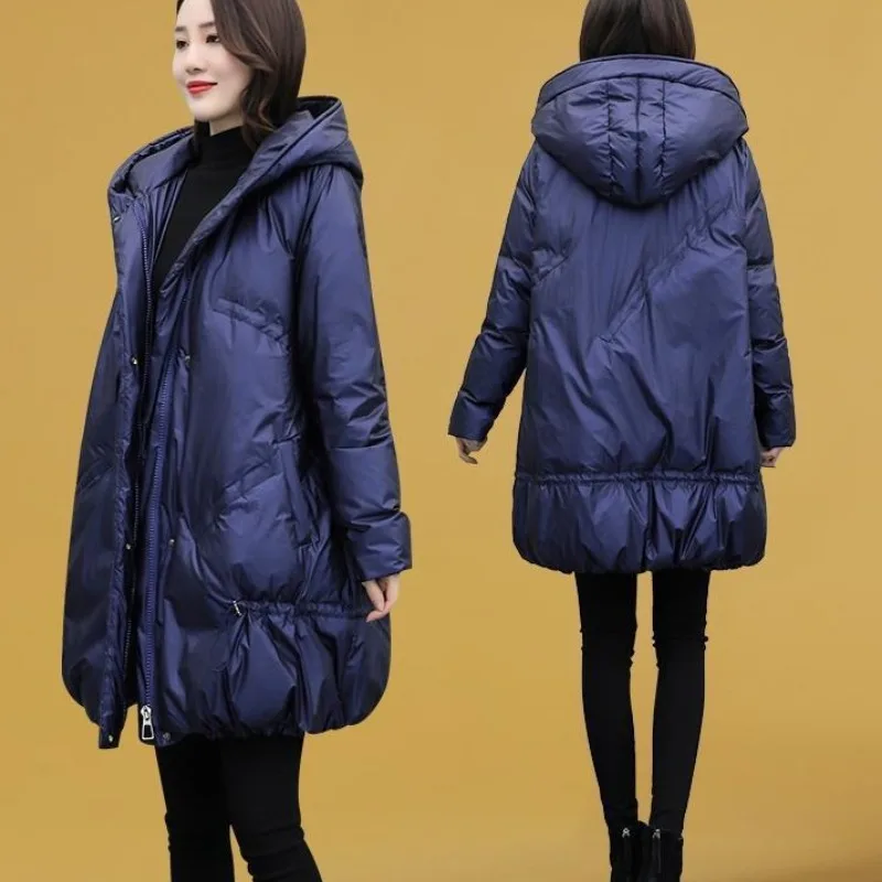 

2023 New Women Down Cotton coat Winter Jacket Female mid-length hooded Parkas small fellow thick Outwear shiny surface Overcoat