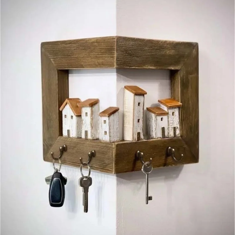 Wandmontiertes Eckregal aus massivem Holz – einfacher Schlüsselkleiderbügel für Eingangsbereich, Schlafzimmer, platzsparender Eckhakenhalter für die Wand zu Hause