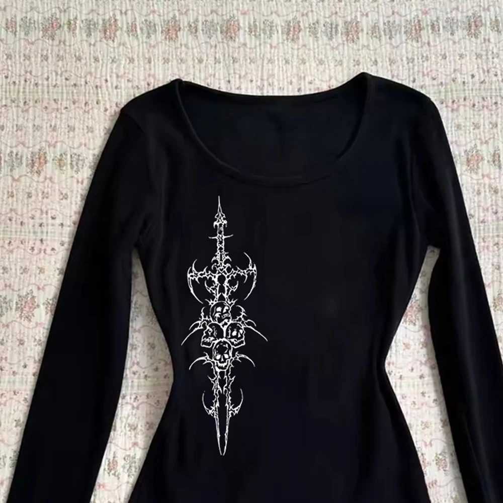 Yedinas Korean Fashion Graphic Tees Slightly Transparent T Shirt Women Clothing Long Sleeve Loose T-shirt Streetwear Spring Tops