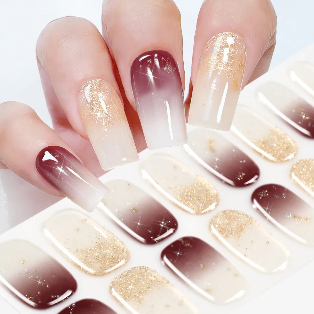 16er-Set Nude Burgundy Ombre Backfreie Gel-Nagelstreifen mit Goldglitter-Nagelaufklebern für Alltag & Party – Vollständige Maniküre-Wraps