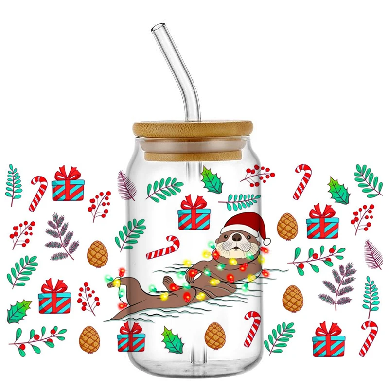 Miniso 3D Merry Christmas Decal Washable UV DTF Cup Wrap for 16oz Libbey Glasses DIY Xmas Cute Animals Mug Transfer Sticker