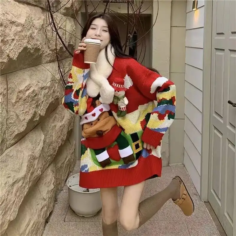 

BabYoung, простой корейский шикарный уличный джемпер, свободные рождественские ленивые свитера в стиле вестерн, винтажный теплый утолщенный милый трикотаж