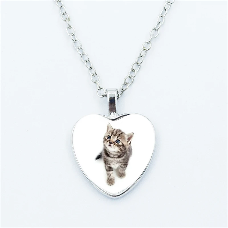 Cute Pet Cat Heart Pendant Necklace For Women Fashion Metal Glass Gem Face Fine Chain Jewelry Child Gift Accessories