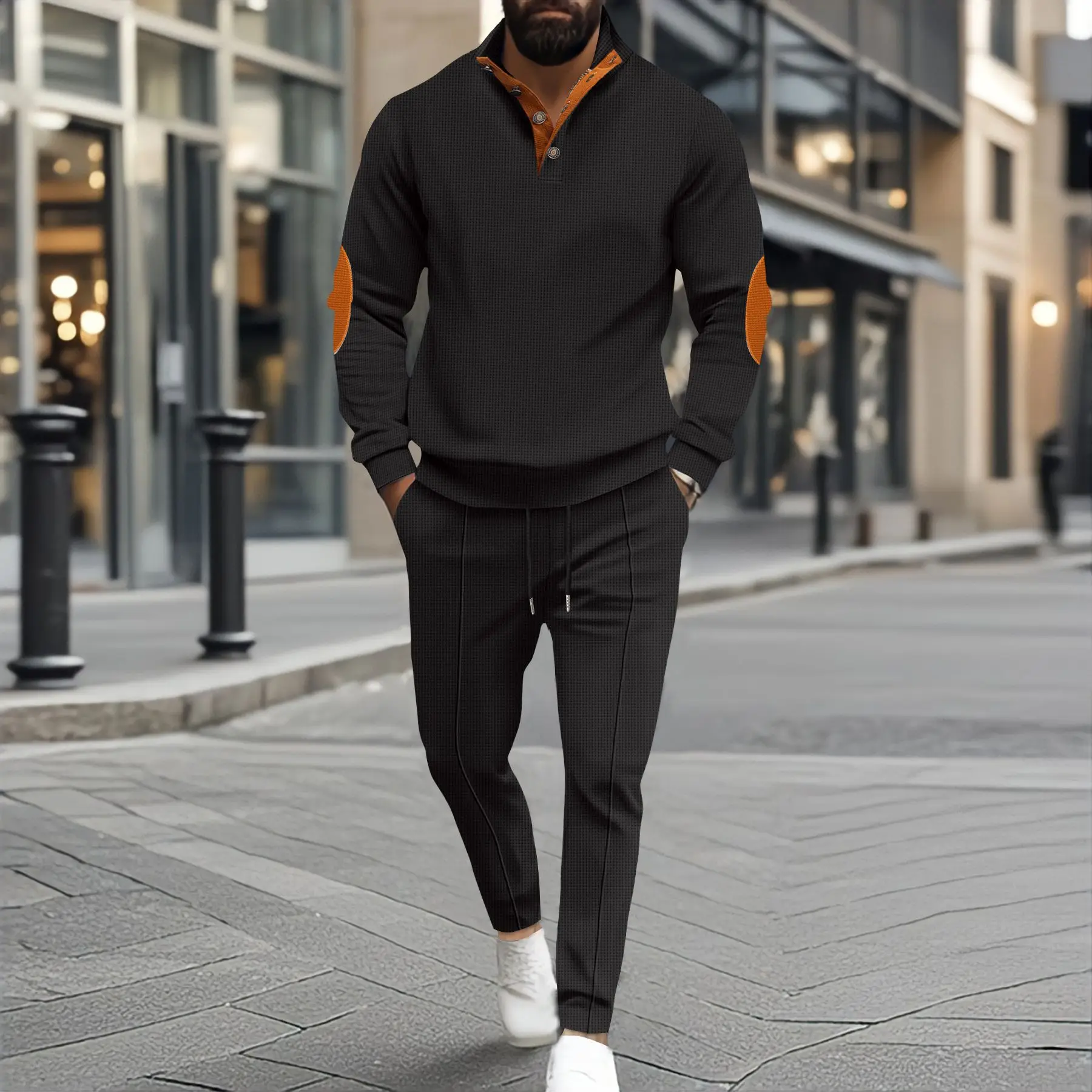 2024 Autumn/winter new men's half zip Waffle casual stand collar long sleeve hoodie men's suit