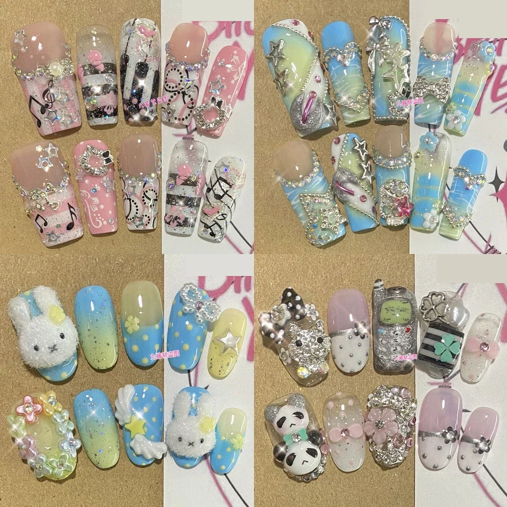 

Y2K 3D Panda Rilakkuma Press On Nails Note Four-Leaf Clover Glitter Sequins Almond Square Summer Flowers Manicure Nails Sticker