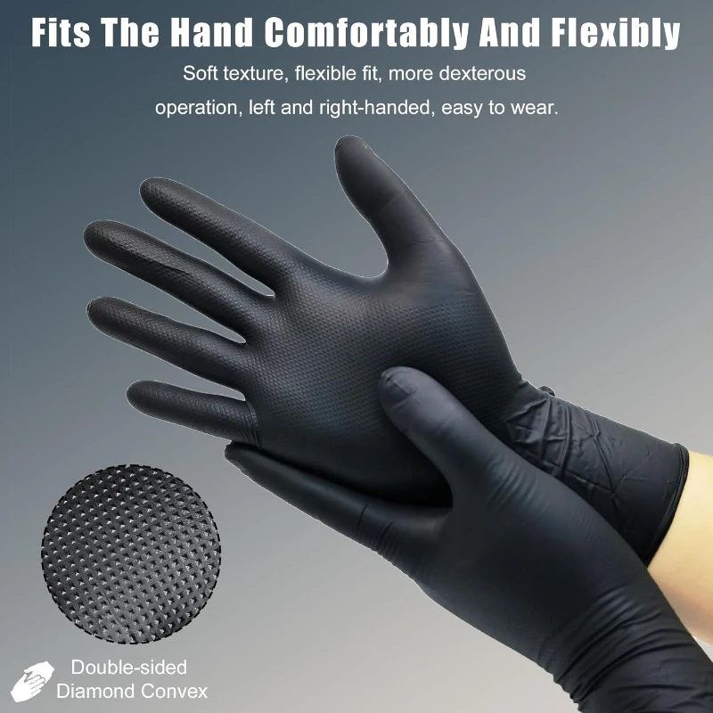 Black Heavy Duty Nitrile Gloves Disposable 8Mil Thick Safety Gloves with Raised Diamond Texture for Gardening Industrial Working