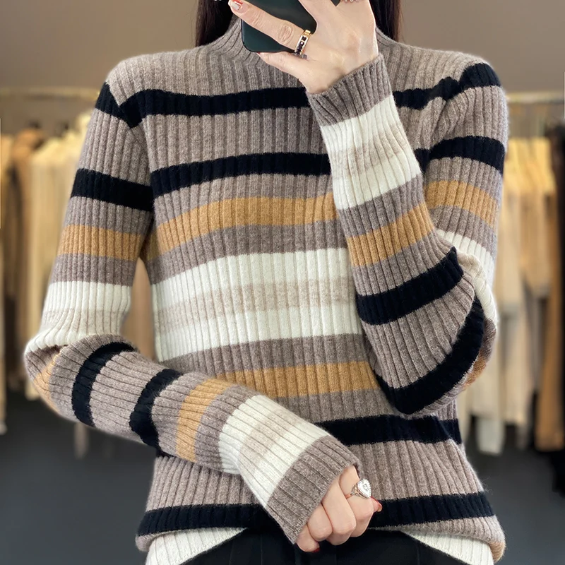 2023 Autumn/Winter New High Neck Pullover Sweater Women's Contrast Slim Fit Sweater Striped Knitted Wool Warm Underlay