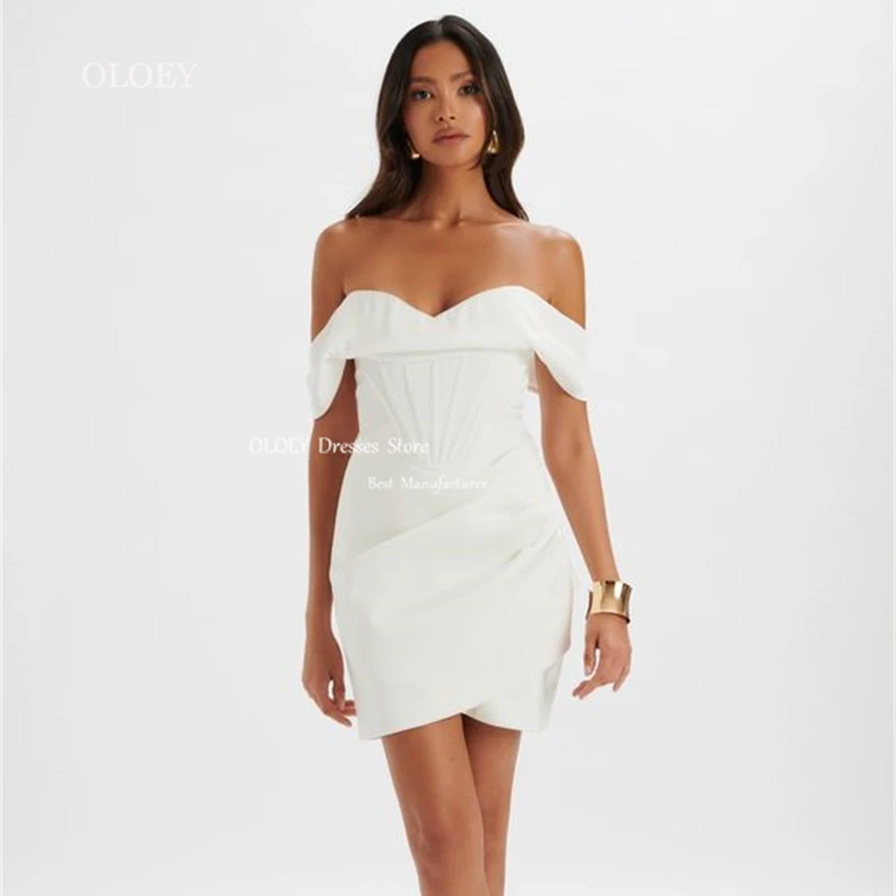 

OLOEY White Short Prom Cocktail Dresses Sweetheart Off The Shoulder Women Wedding Party Dress Summer Beach Dress Silky Satin