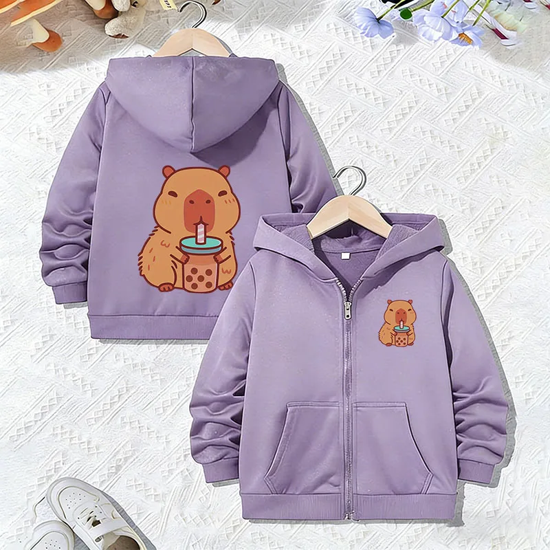 Capybara-Kapuzenjacke mit Buchstaben-Aufdruck für Kinder, Jungen und Mädchen, Frühling und Herbst, trendige Tier-Cartoon-Sweatshirts mit Reißverschluss für Kinder