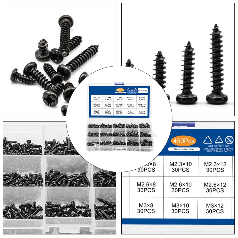 450Pcs Round Self Tapping Screws For For Glasses Mechanics Cross Hard Carbon Steel Sturdy Non