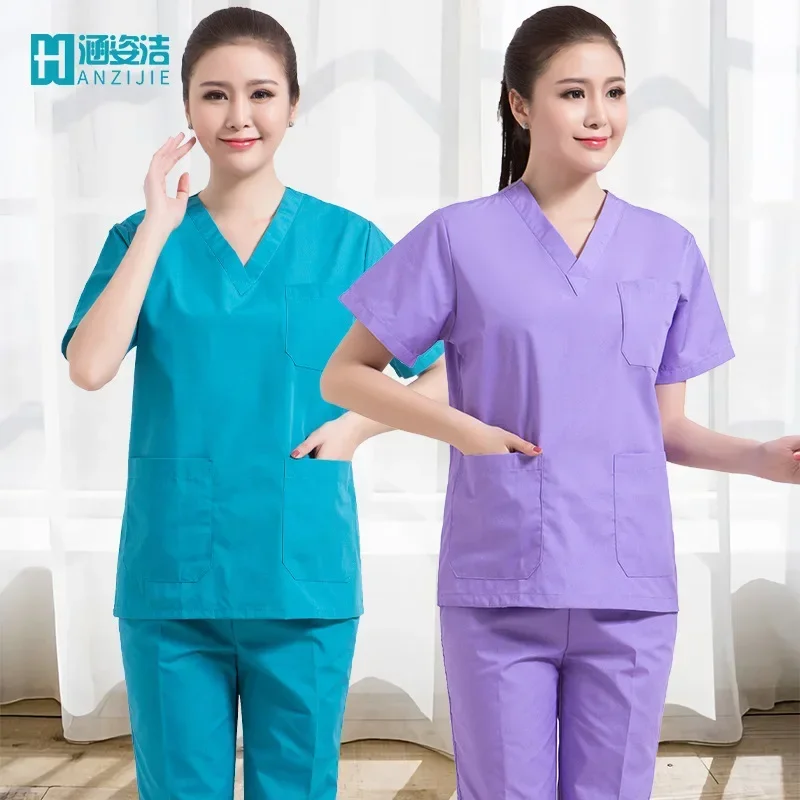 Handwashing clothes V-neck set, short-sleeved brush handclothes, cotton anti-static isolation clothes, pet hospital work clothes