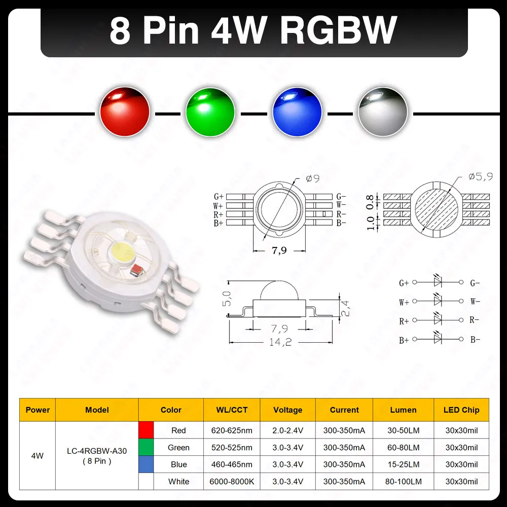 High Quality 4W 12W RGBW LED Chip 1W 3W Red Green Blue White COB For DJ DMX Holiday Festival Bar Lamps Stage Lights