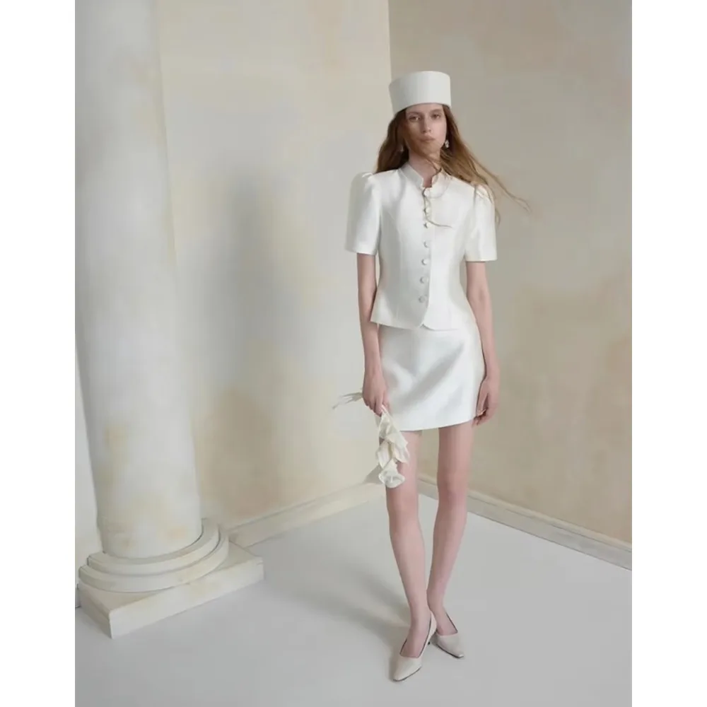 LOVE Stand Collar Short Sleeve Satin Wedding Suit Elegant Button Front Fitted Jacket Midi Skirt Two Piece Bridal Outfit Wedding