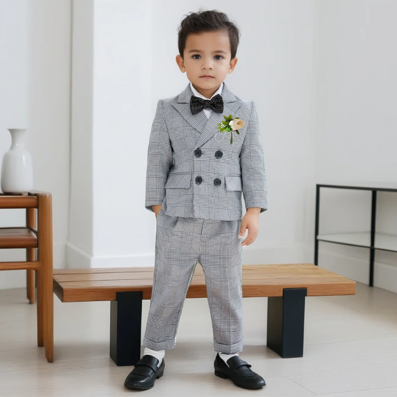 Boys Business Suit Spring Summer 2024 British Plaid Flower Child Wedding Outfits Gray Handsome Kids School Uniform Blazer Set