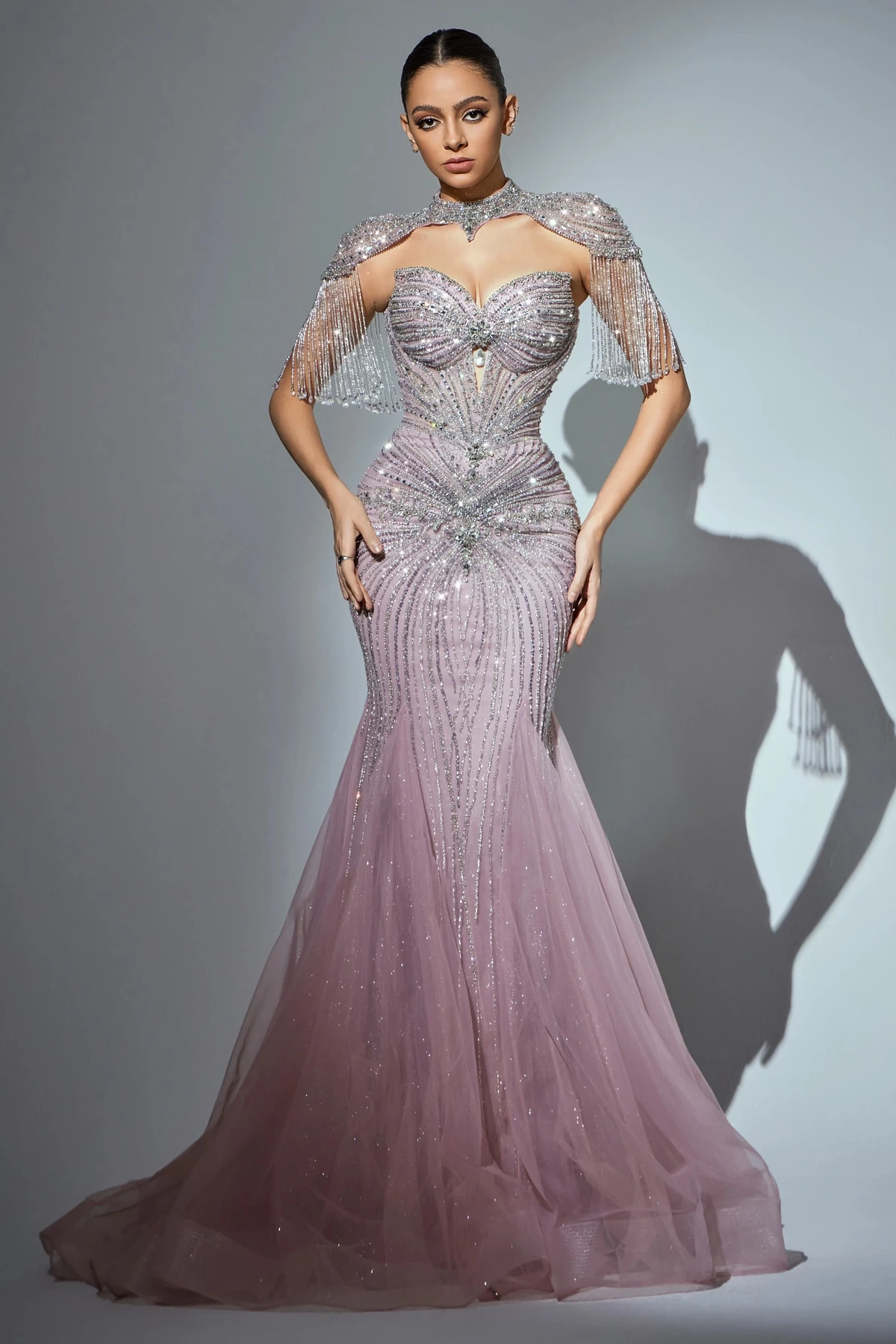 Sharon Said Elegantes Champagner-Meerjungfrauenkleid mit Cape-Ärmeln, Kristallperlen, Blaues Hochzeitskleid, SS021, Maßanfertigung – Detail 9