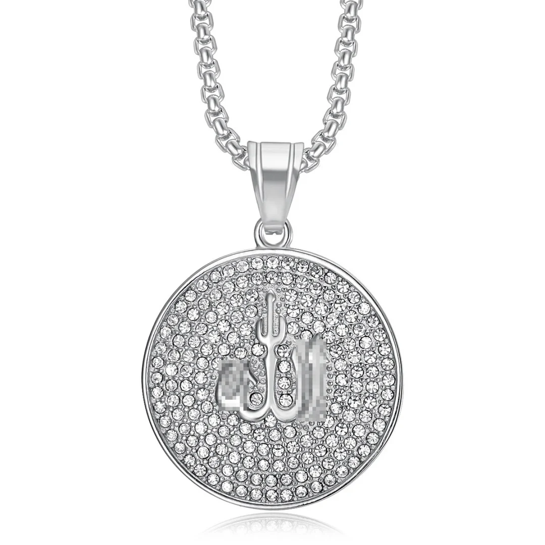 Religious Luxury Iced Out Full Zirconia Allah symbol Pendant Gold Silver Color Stainless Steel Tennis Necklace for Woman Jewelry