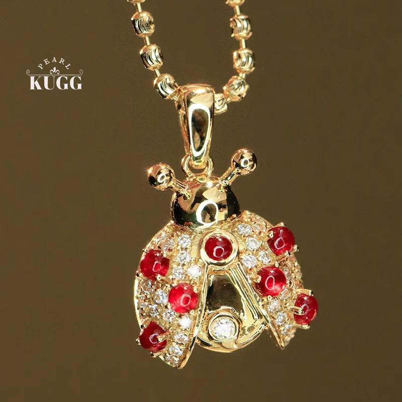 

KUGG 100% 18K White/Yellow Gold Pendant Cute Insect Shape Shiny Diamond Natural Ruby Pendant for Women High Gemstone Jewelry
