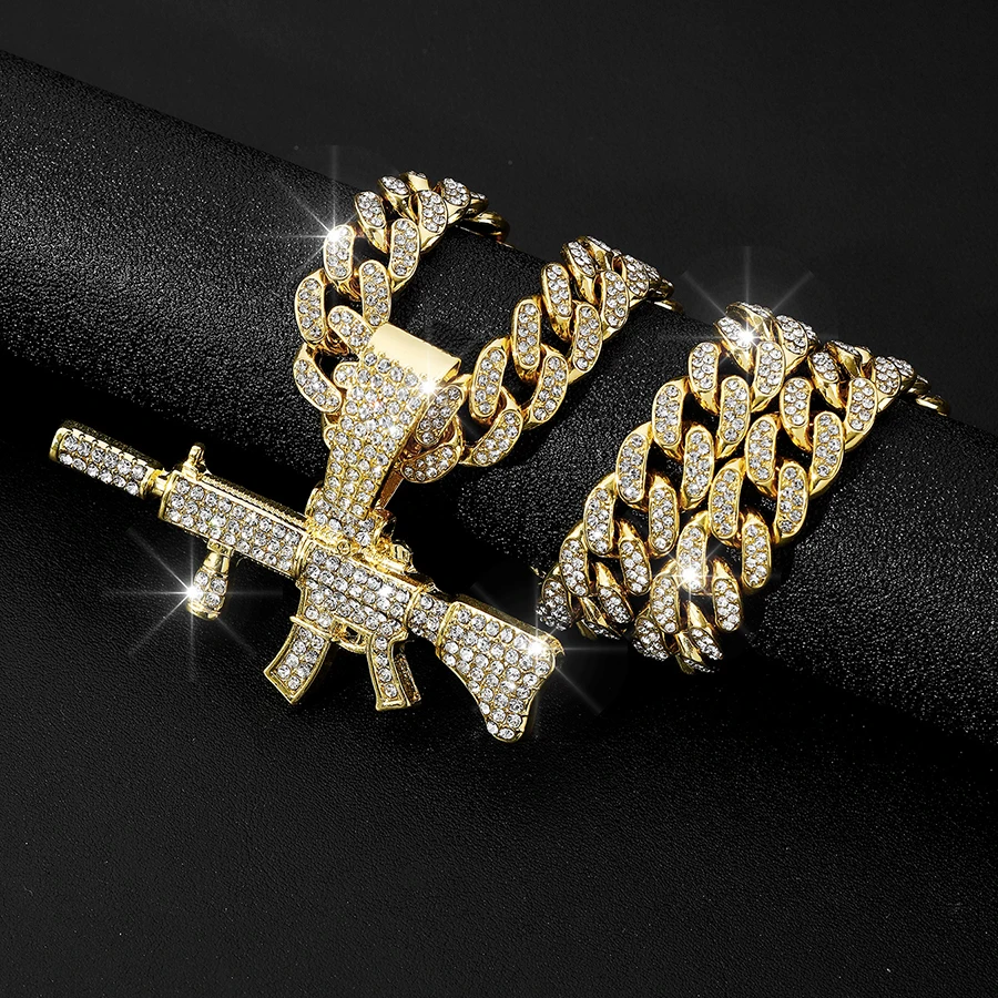 Mens Womens Crystal Gun AK47 Pendant Necklace Punk Hip Hop Rap Cuban Chain Necklace Jewelry Gift