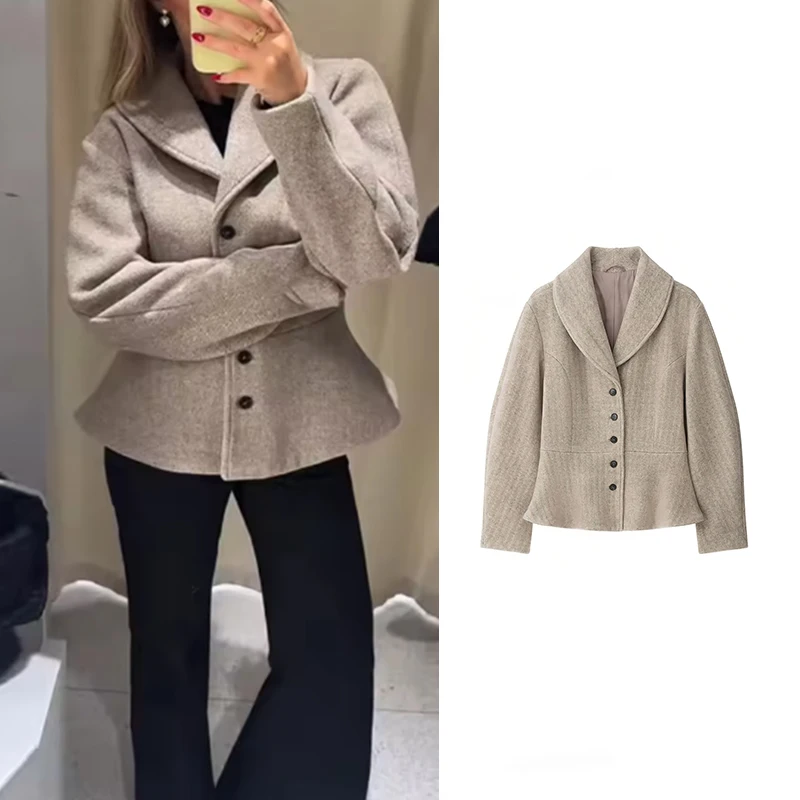 Women Herringbone Short Wool Coat Lapel Collar Single Breasted Jacket Long Sleeve Slim Fit Autumn Winter Elegant Outerwear