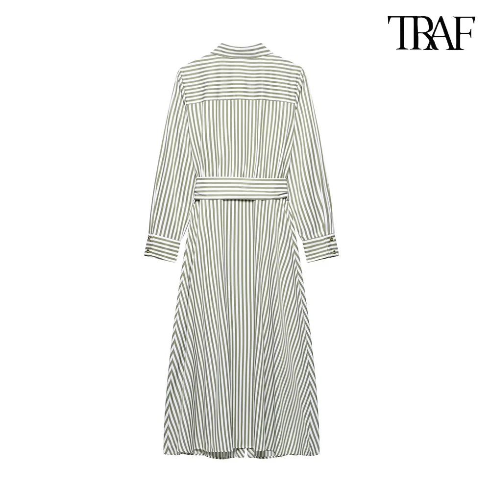 Women's New Lapel Long Sleeve Striped Dress Single-breasted Belt Casual Long Dress Elegant Evening Party Womenswear