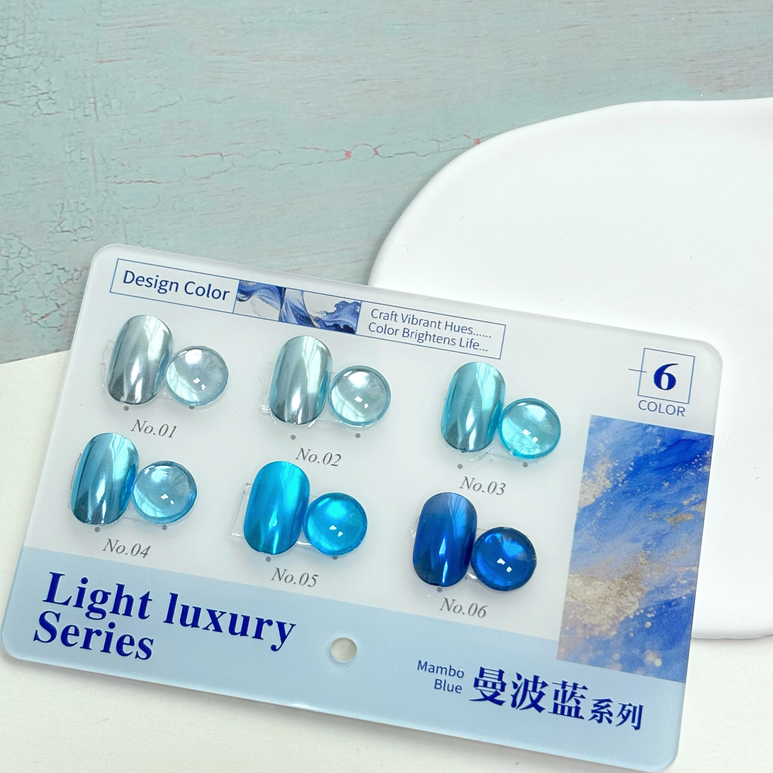 6-Color Blue Nail Mirror Powder Set, Includes Color Chart and Slide-Out Box – A Must-Have for DIY Manicures and an Ideal Choice