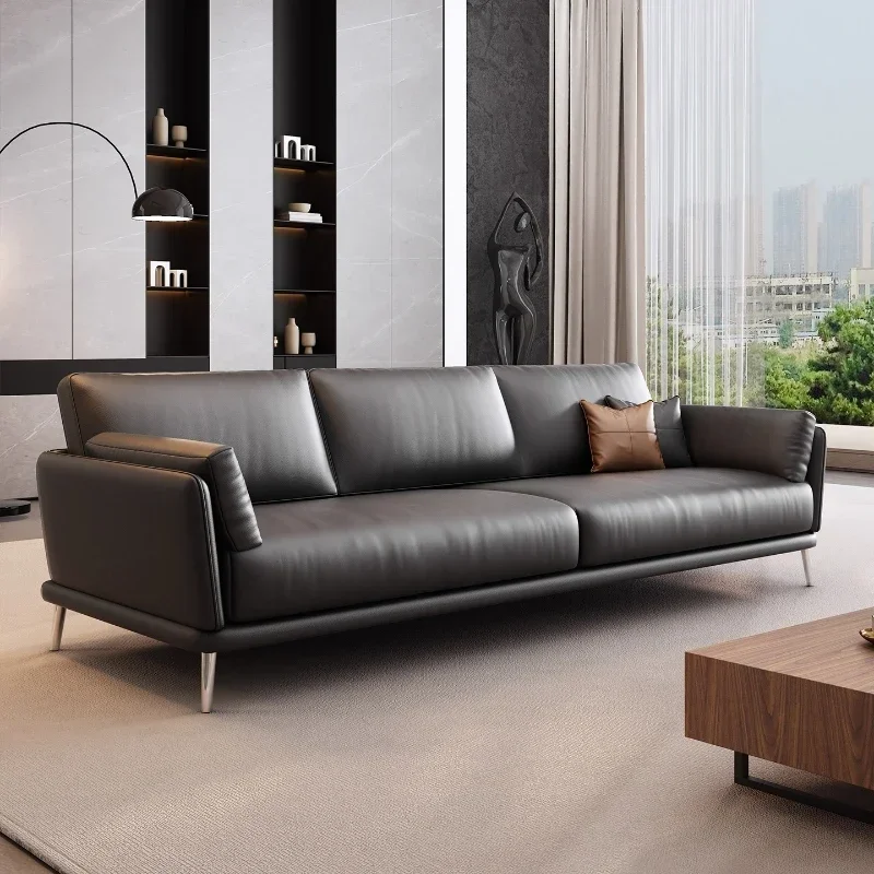 Modern simple leather office sofa boss meets guests VIP reception and rest Straight row three-person coffee table combination