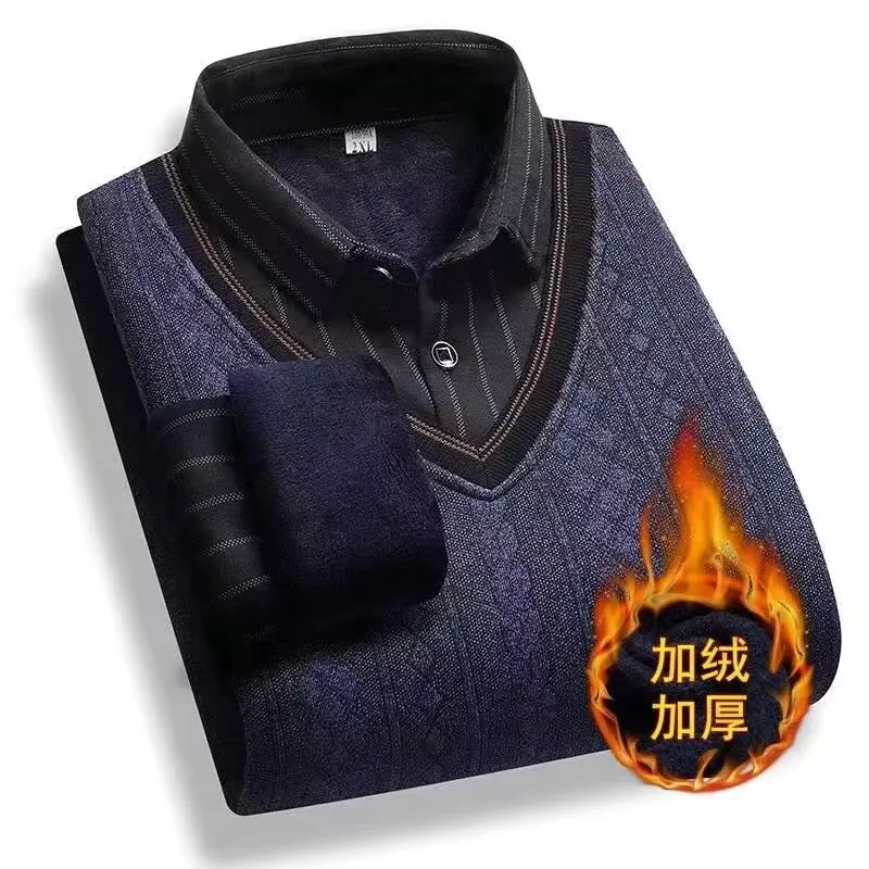 2025 Autumn Winter Men Fleece Shirt-collar Sweater Fashion Stripe Jacquard Thick Warm Sweater Male Velvet Thicken Sweater
