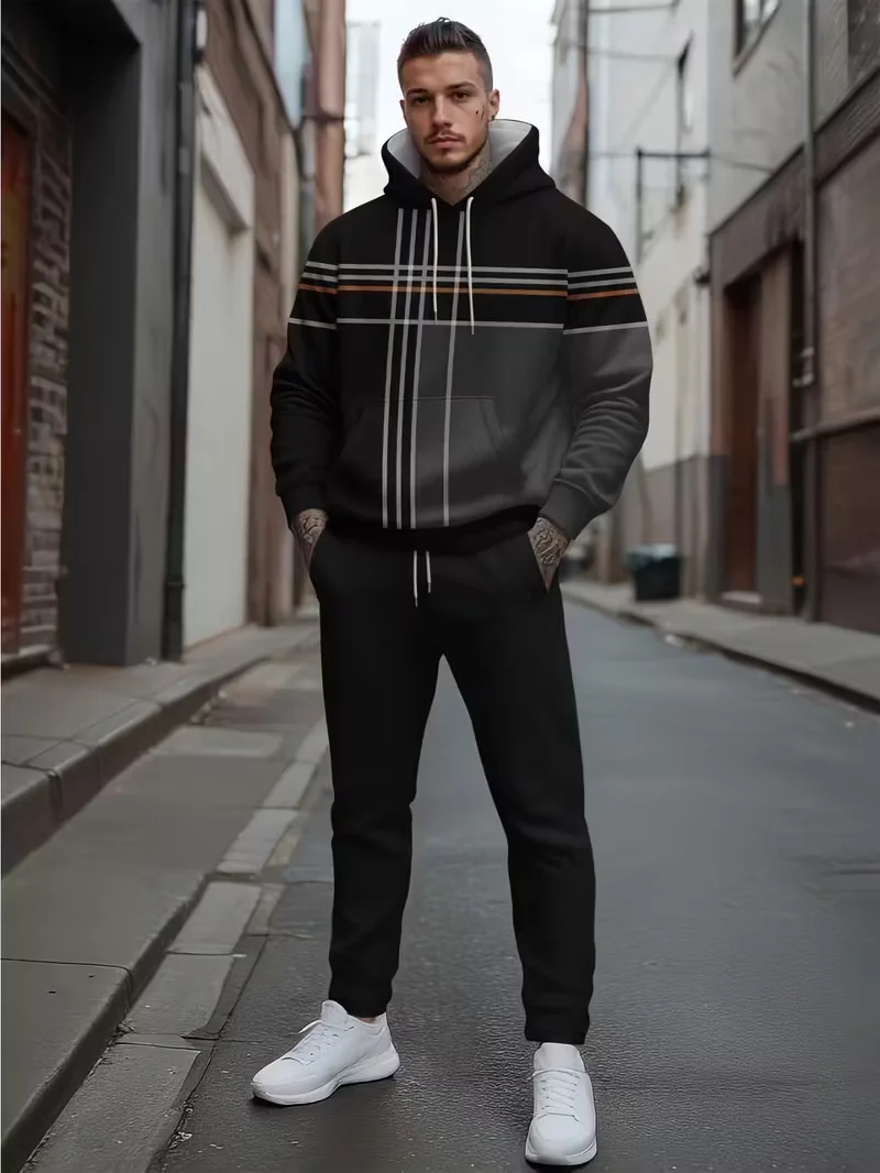 Jesienno-zimowe męskie zestawy dresowe, modne bluzy z kapturem i spodnie w paski, luźny strój sportowy na zewnątrz, 2-częściowy komplet.