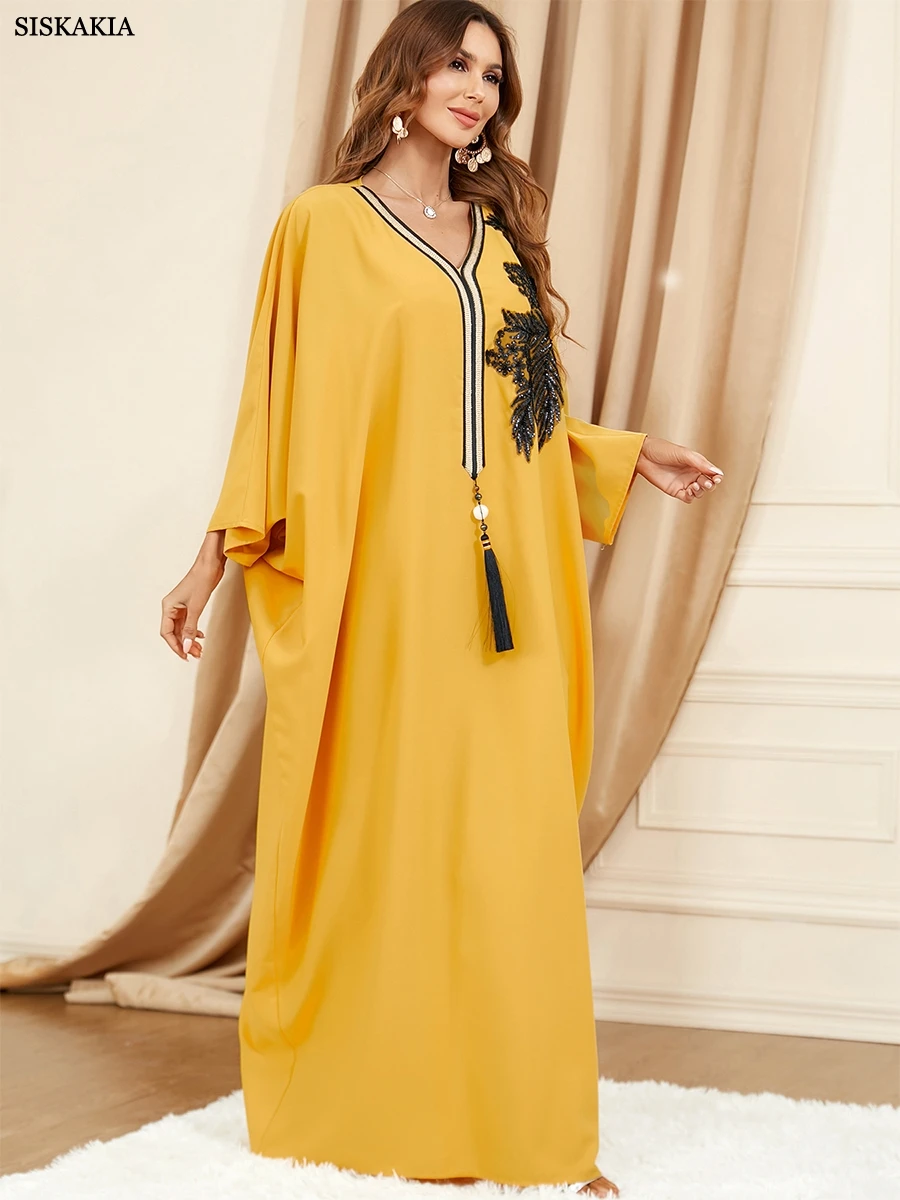 Siskakia Tape Trim V Neck Batwing Sleeve Abaya Dress for Women Corban Eid Al Adha Oversized Arab Dubai Turkey Dressing Gowns New