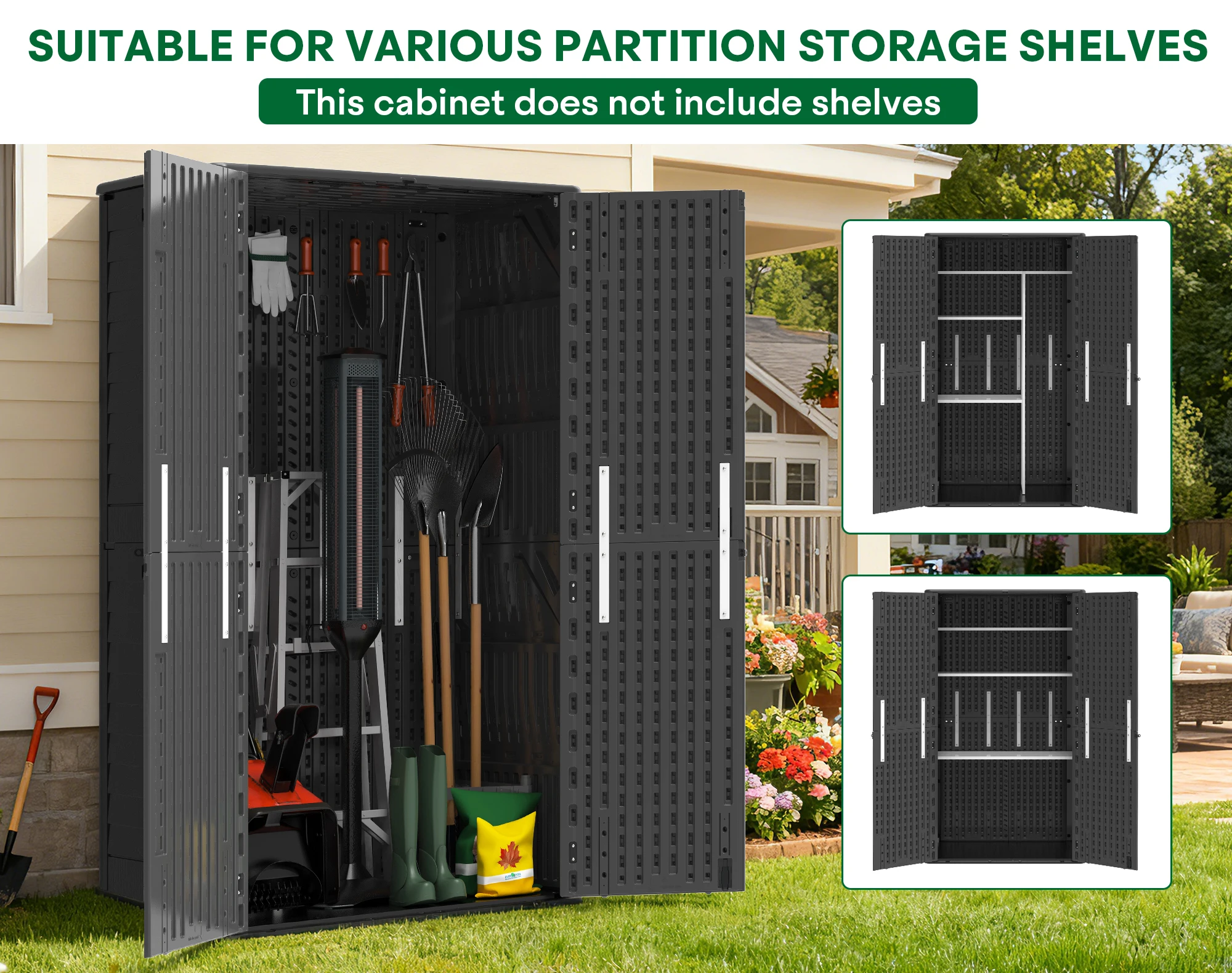 Vertical Outdoor Storage Shed, 60 Cu.Ft Waterproof Resin Storage Cabinet with Floor,Lockable Doors,For Lawn Mower & Garden Tools, Black/Khaki