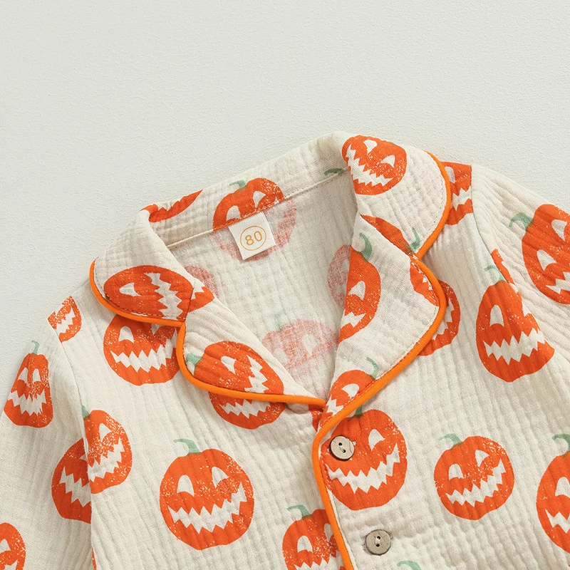 2023-07-08 Lioraitiin 0-4Years Toddler Baby Boy Girl Halloween Sleepwear Outfits Pumpkin Print Front Button Long Sleeve Top Pant