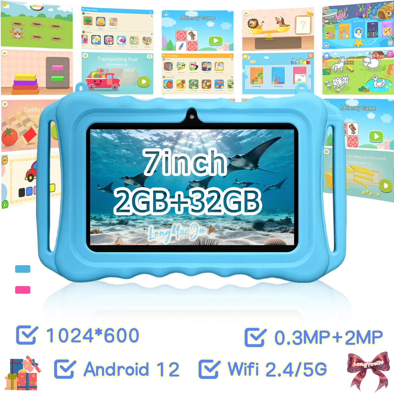 Tablet Android da 7 pollici, 2 GB+32 GB, supportato WiFi, controllo parentale, tablet educativo, custodia protettiva, regalo di festa, blu/rosa