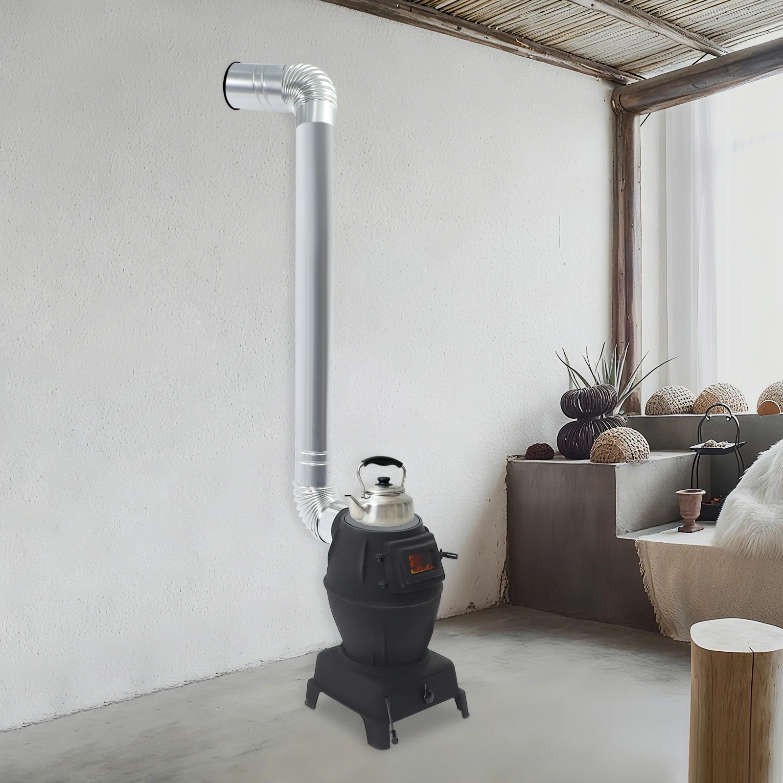 

Wood Burning Stove Large Cast Iron Heater & BBQ Grill for Outdoor Camping Garden with 6m Chimney Pipe & 2 Elbows