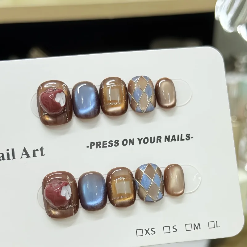

10pcs Handmade Autumn Press on Nails Brown Cat Eye Fake Nails for Women False Nails with Tools High Quality Prosthetic Nail Set