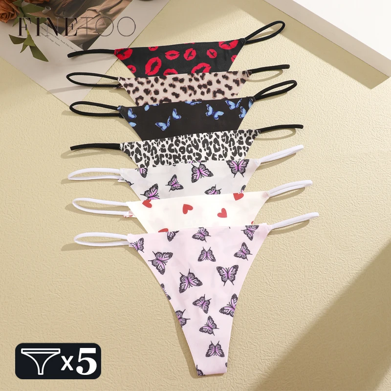 FINETOO 5Pcs Seamless Silk G String Leopard Women Panties Flower Bikini Female Sexy Thongs Comfortable Low-waist Lingerie XS-XL