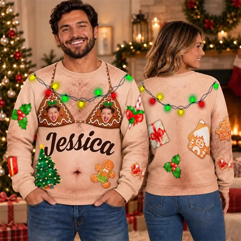 Custom Face Name Men Christmas Sweatshirt Funny Ugly Sweater 2026 New Personalized Photo Crewneck Long Sleeve Holiday Pullover