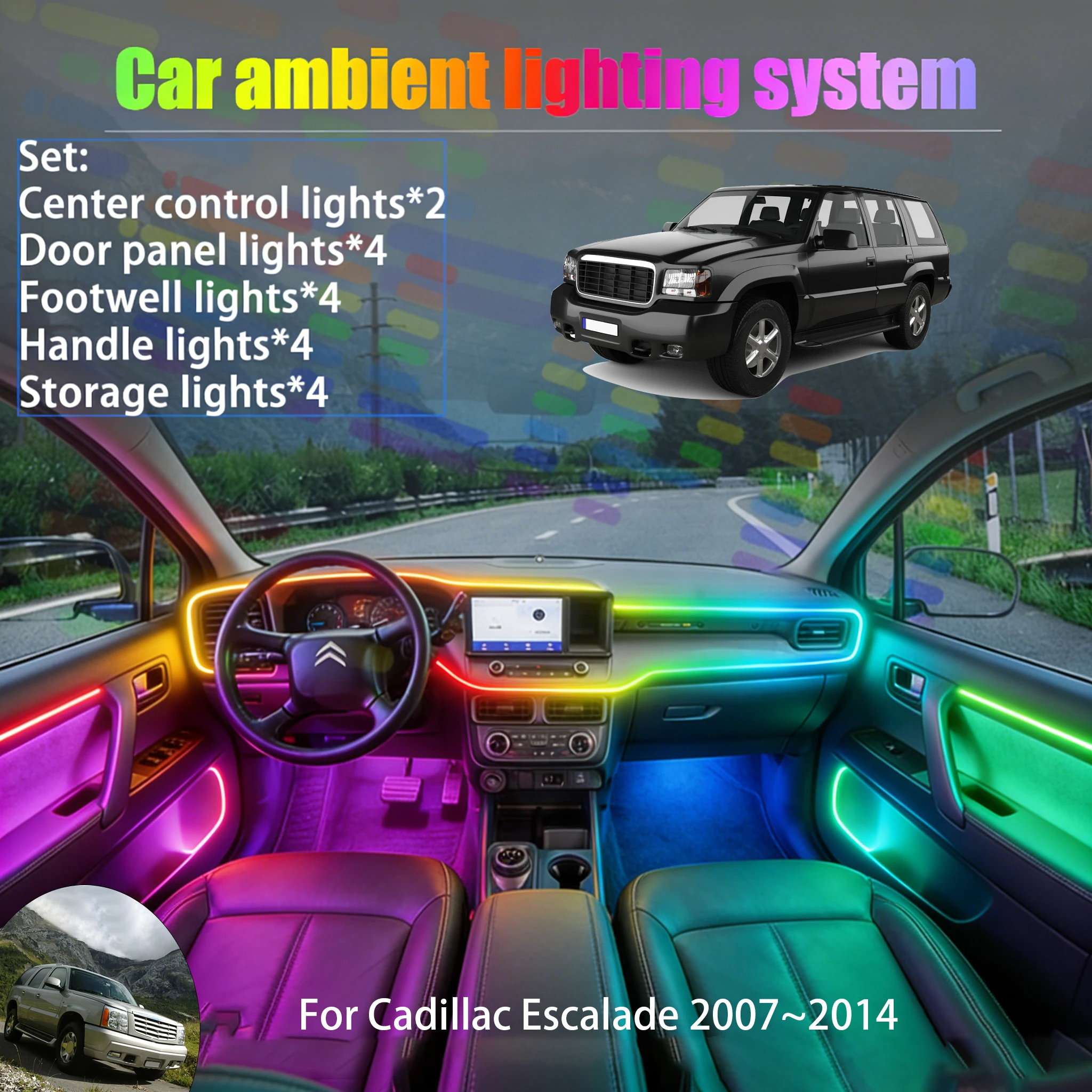 

Для Cadillac Escalade 2007~2014 MK2 2/18 в 1: Комплект светодиодной подсветки салона и багажника USB RGB с эффектом потока