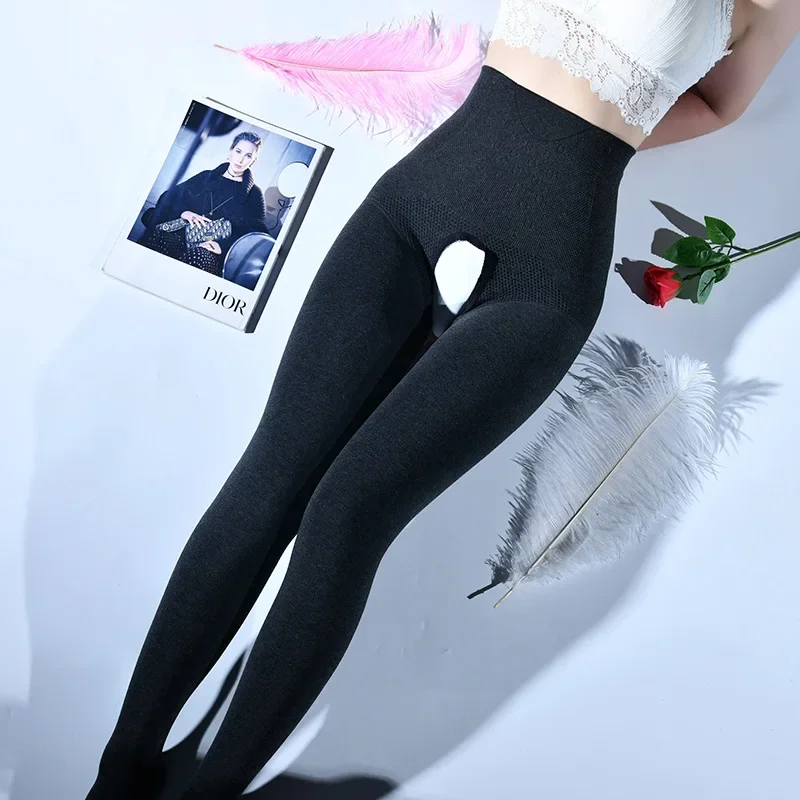 Pantimedias sexis con entrepierna abierta para mujer, mallas de cintura alta para Abdomen, gruesas, cálidas y ajustadas, medias largas de terciopelo para invierno