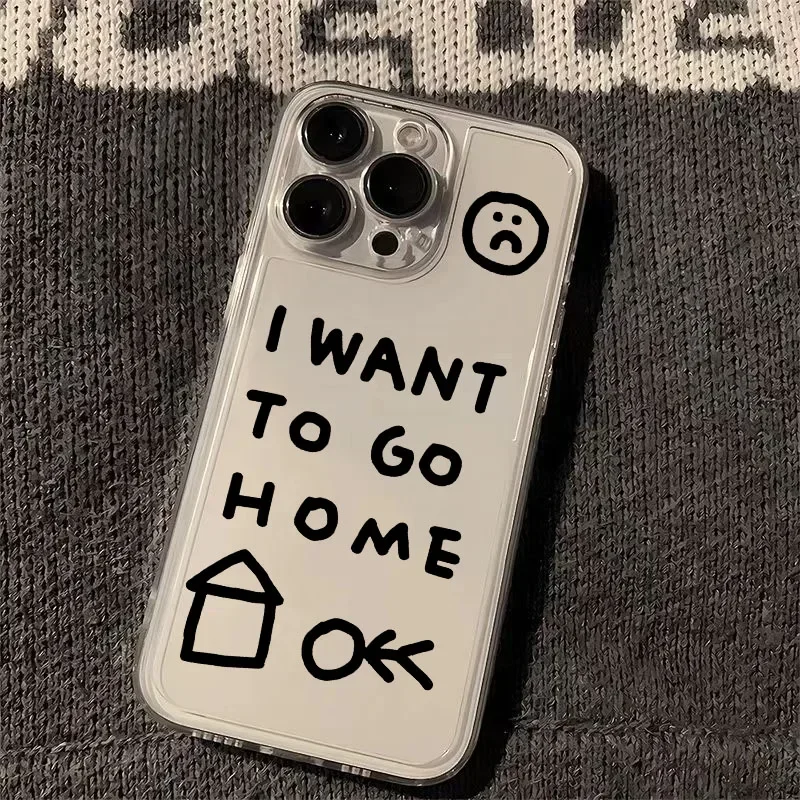 

I Want to Go Home Korea Style Phone Case for iPhone 16 15 14 13 12 11 Pro Max X Xs Max XR 12 Mini Clear Cover Transparent Fundas