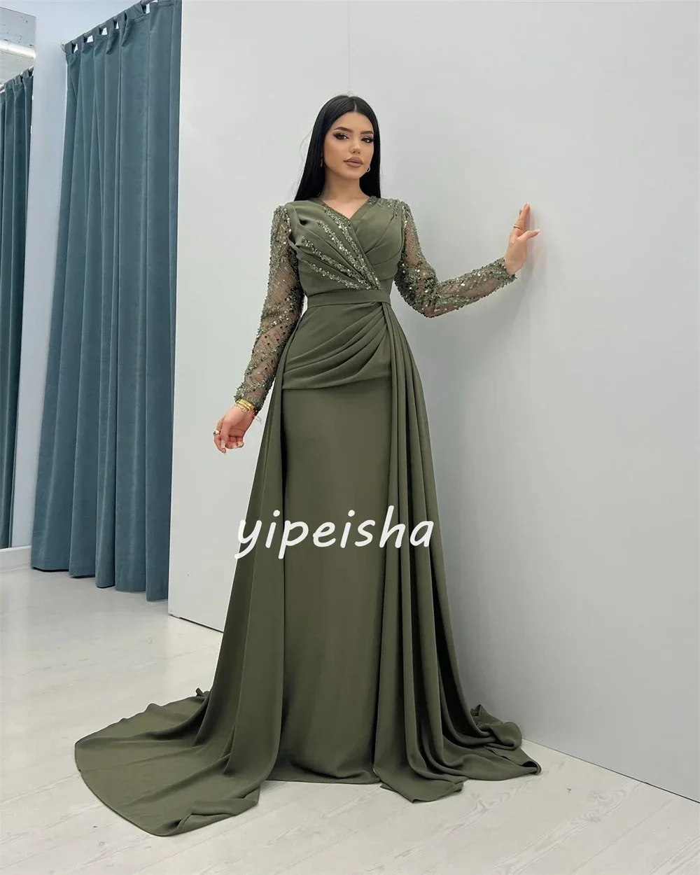 Disesuaikan payet manik-manik mewah Strip Vestidos gaun Prom tipis lengan panjang pesta ulang tahun wanita memakai malam gaun Formal