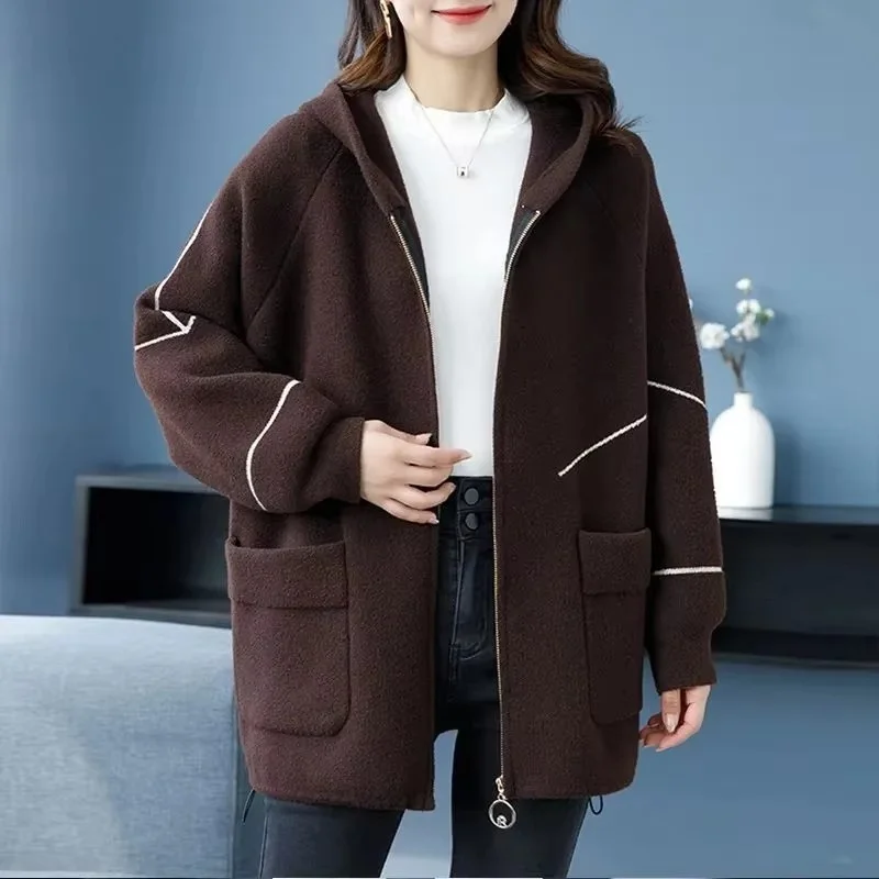 Women Top-Grade Woolen Jacket Korean Ladies Loose Hooded Woolen Tops Spring Autumn Female Medium Long Styles Wool Blend Coat