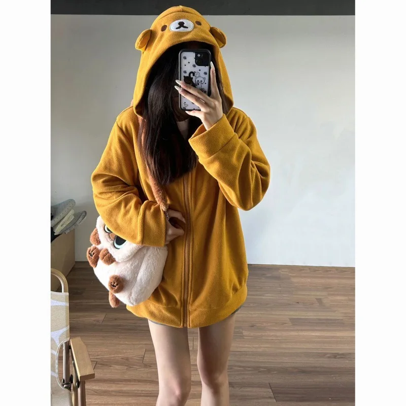 Korean Harajuku Zip Up Hoodie Streetwear Kawaii Hooded Cute Bear Hoodies Shirt Sweatshirts Top Oversized Clothes Women Y2k