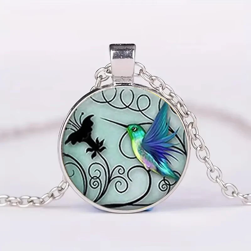 Cute Round Hummingbird Glass Dome Cabochon Pendants Necklaces Bird Rainforest Jewelry Accessories
