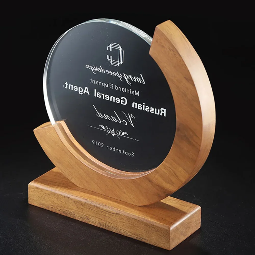 Free Customized Round Crystal Trophy Wooden Base Engraving Printing Outstanding Employee Medal Group Competition Souvenir Medal