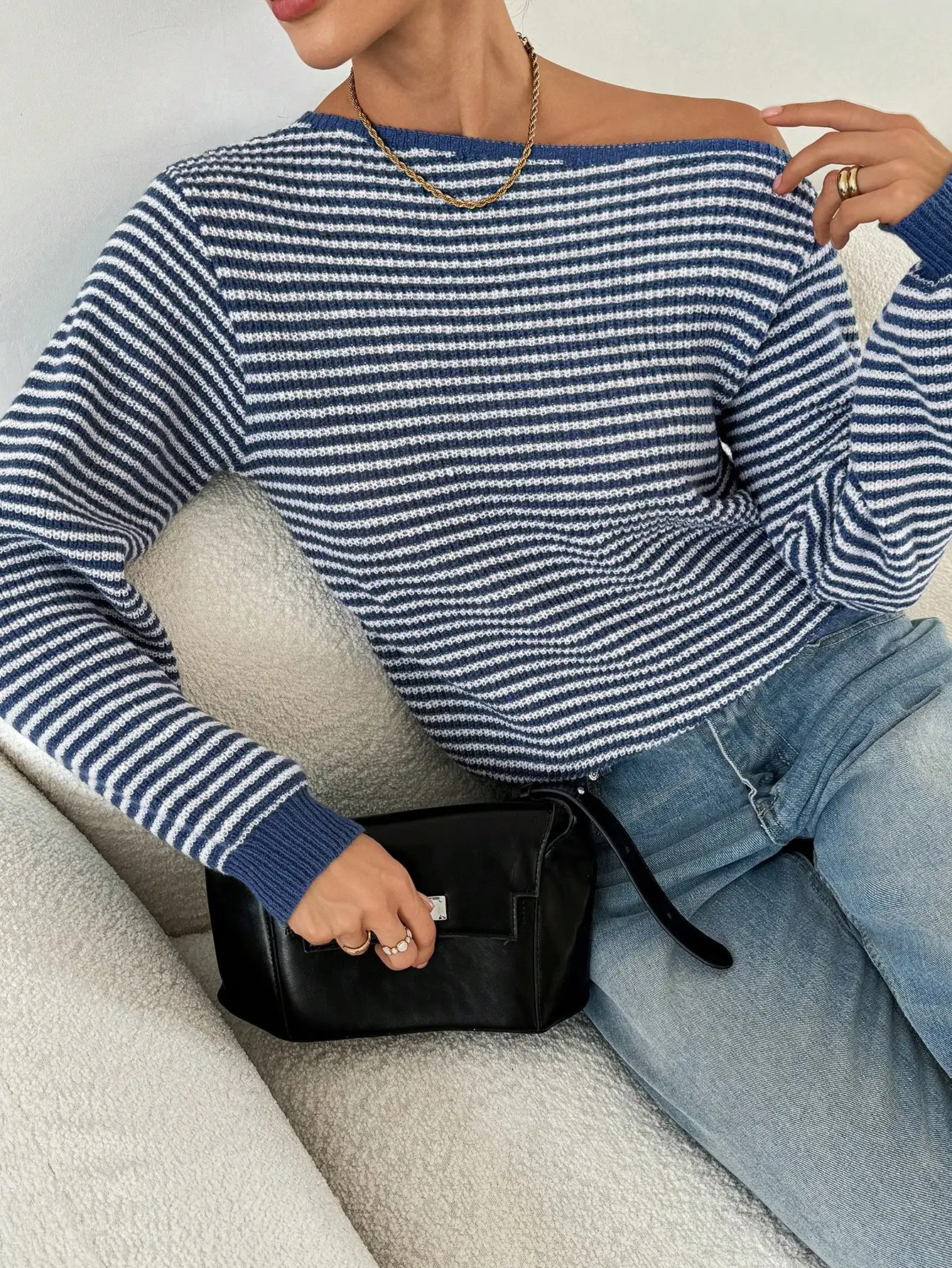 Women's Navy White Striped Off-Shoulder Knit Top Waffle Texture Long Sleeve Slim Pullover